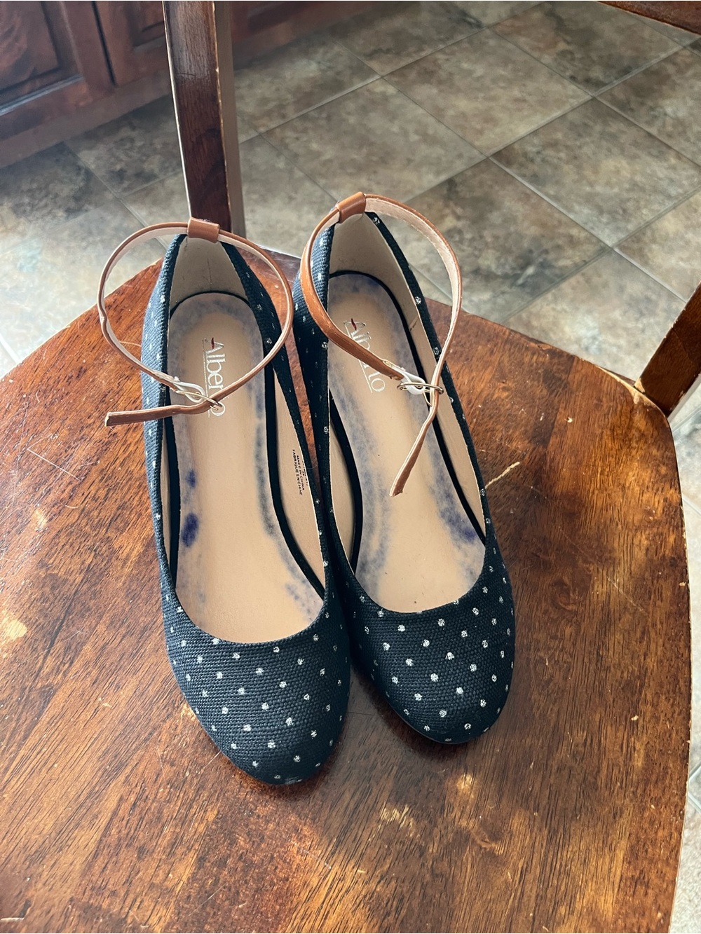 Alberto Polka Dot Wedge Flats with Tan Ankle Strap — Black